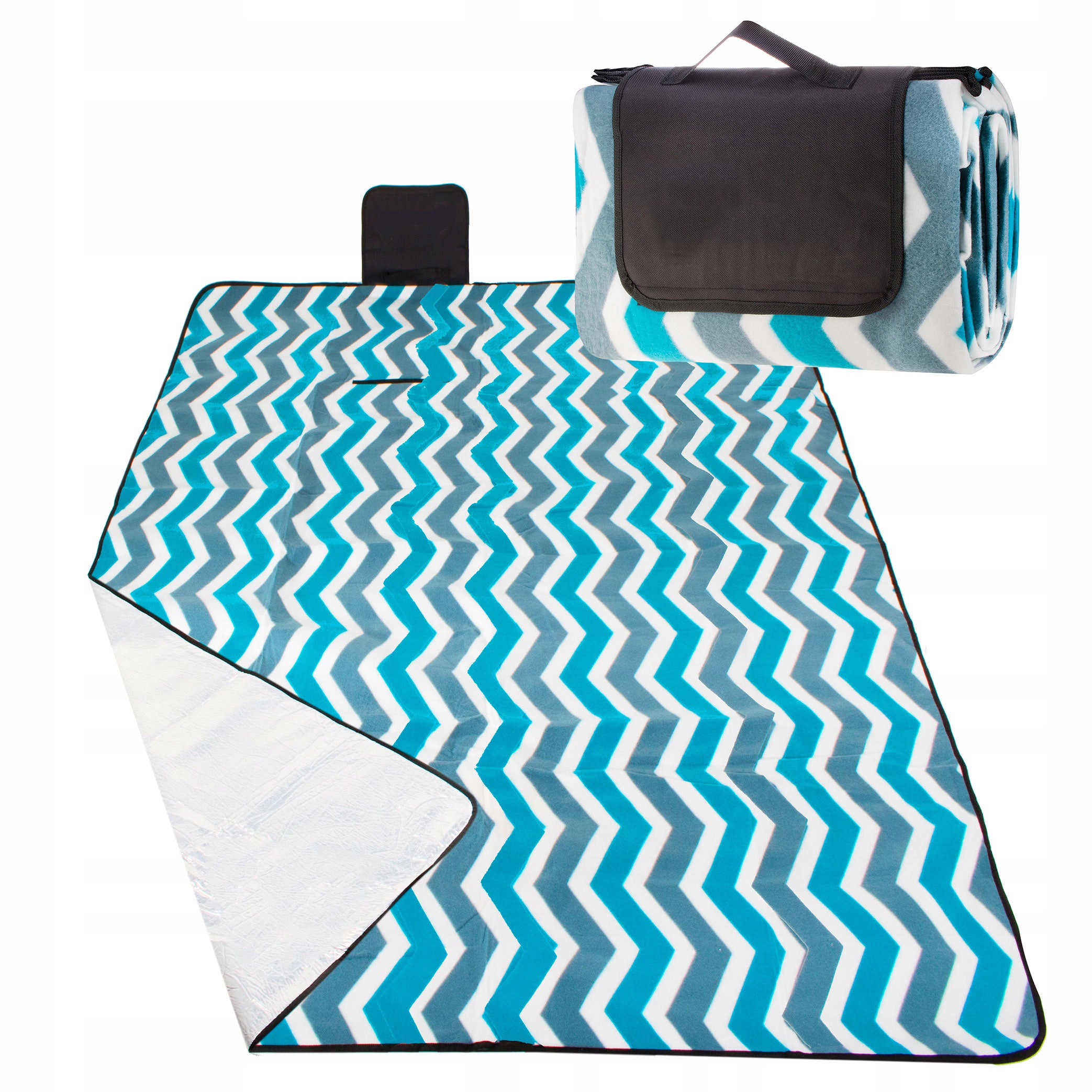 Patura pentru picnic sau plaja, cu folie izolatoare si maner, 160x200cm, alb albastru