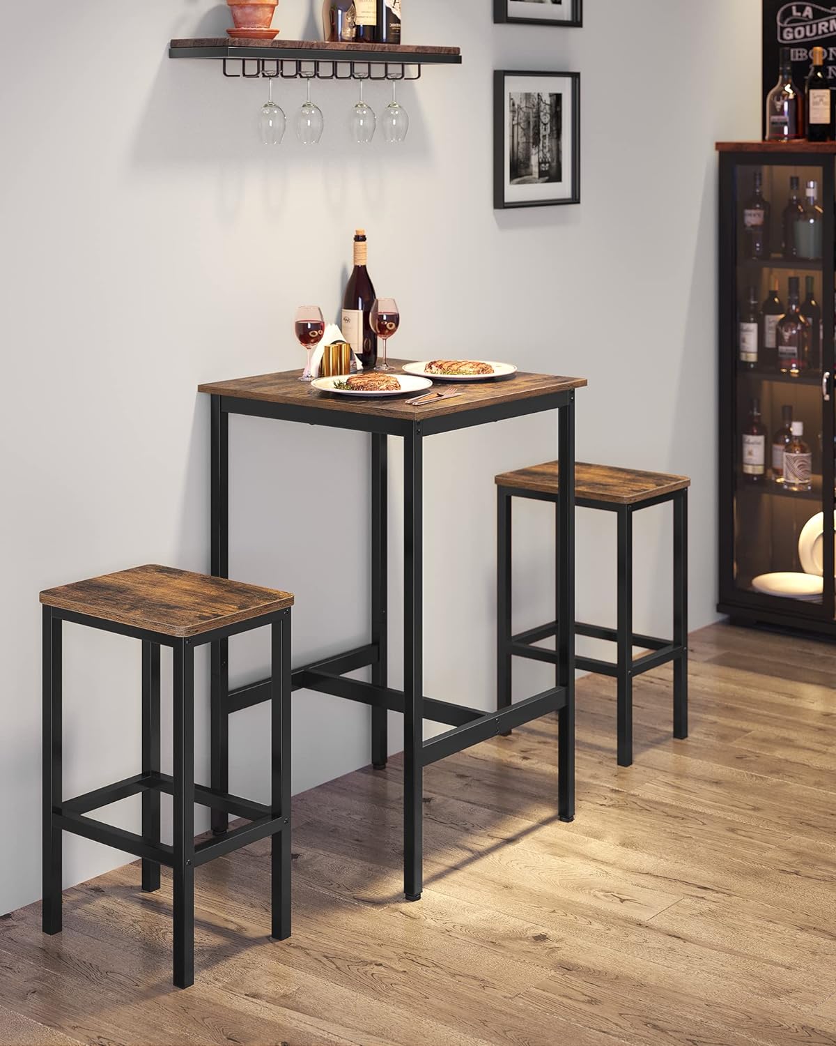 VASAGLE Masa de bar pentru bucatarie, patrata, inalta, cadru de otel, 60x60x92cm, stil industrial, maro rustic si negru