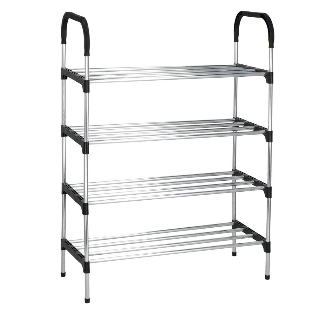 Suport pentru pantofi, 4 rafturi, cadru metalic, 84x28x60cm, negru si argintiu