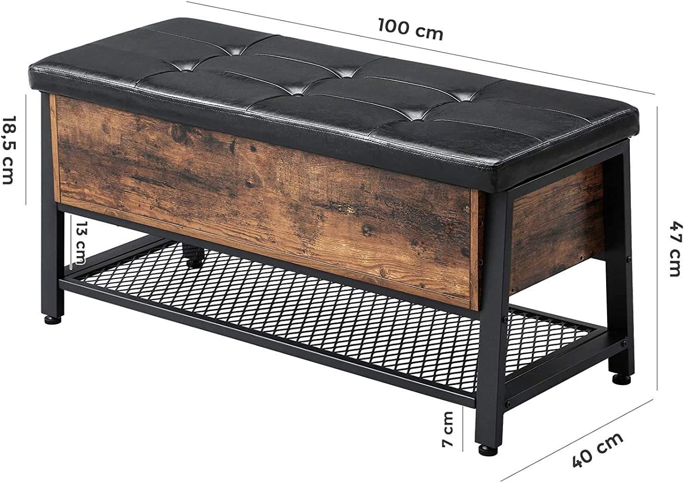 VASAGLE Pantofar de lemn cu spatiu de depozitare tip banca, cu sezut captusit si polita depozitare, stil industrial, 100x40x47cm, maro rustic si negru