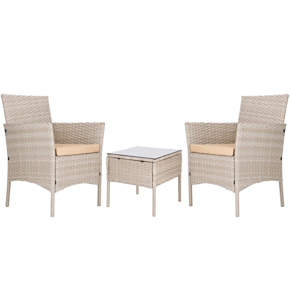 Set mobilier terasa, din tehnorattan, masa cu blat sticla securizata, 2 fotolii cu perne, bej