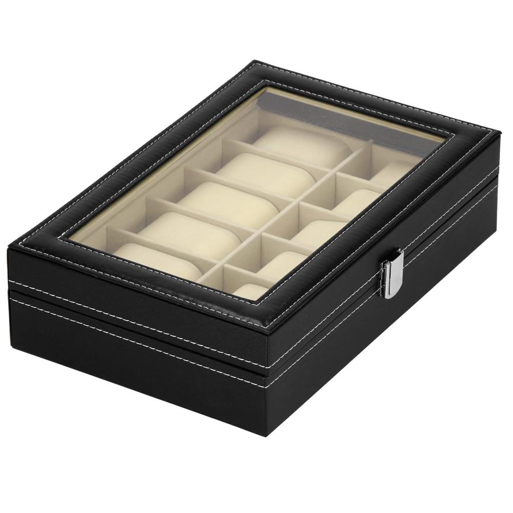 Cutie depozitare si organizare ceasuri, MDF, piele ecologica, 30x20x8cm, negru interior crem