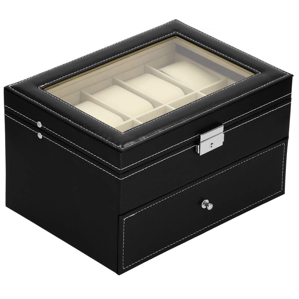 Cutie depozitare si organizare ceasuri, MDF, piele ecologica, 28x20x16,5cm, negru interior crem