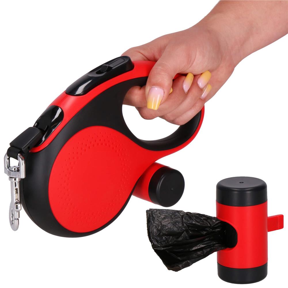 Lesa automata retractabila, pentru rase mari pana la 50kg, 500 cm, suport saci, negru rosu