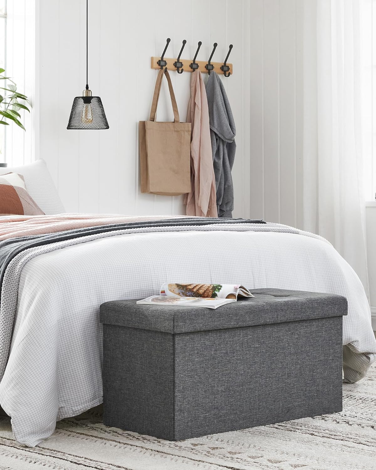 SONGMICS Taburet pliabil cu sezut moale, spatiu de depozitare 80litri, maxim 300kg, 76x38x38cm, gri inchis