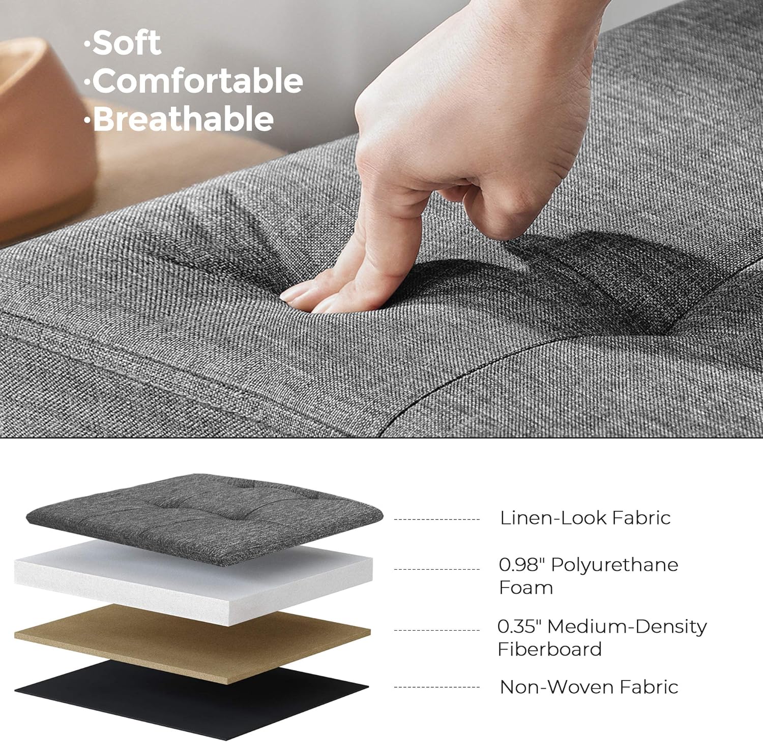 SONGMICS Taburet pliabil cu sezut moale, spatiu de depozitare 131litri, maxim 300kg, 110x38x38cm, gri inchis