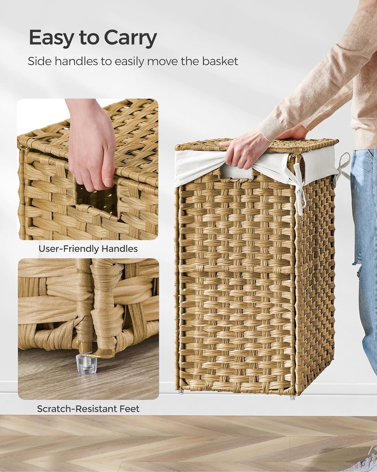SONGMICS Cos de rufe stil ratan, cu captuseala detasabila lavabila, 90 litri, 46x33x60 cm, natural