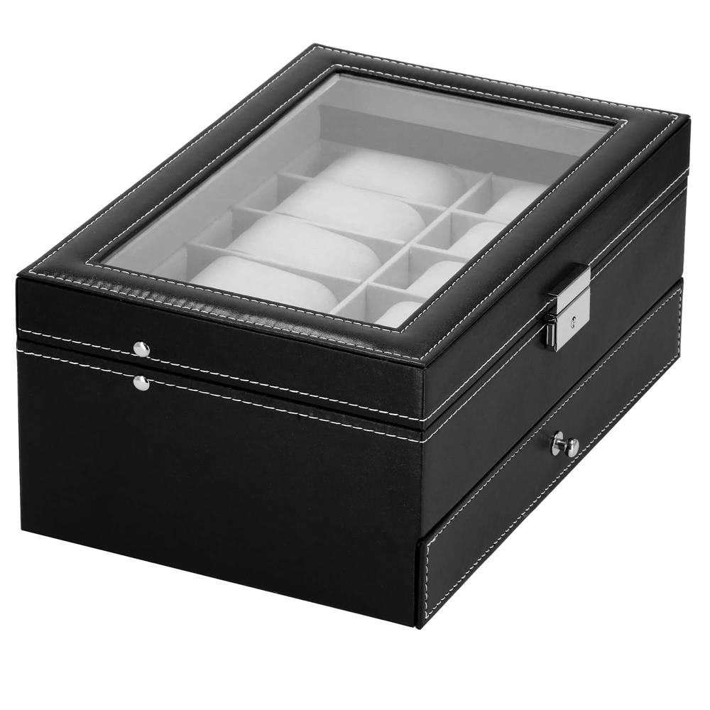 Cutie depozitare si organizare ceasuri si alte accesorii, MDF, piele ecologica, 30x20x13cm, negru