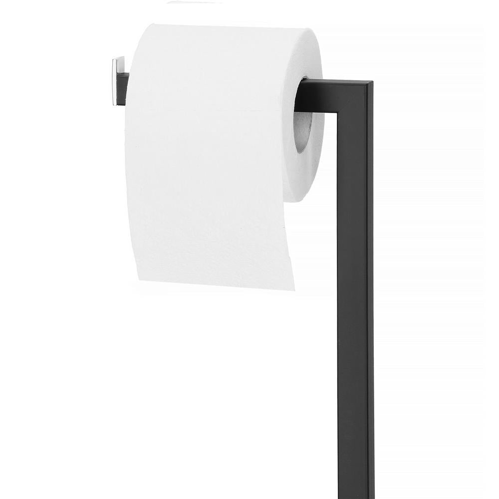 Stand cu perie WC si suport hartie igienica, metal si bambus, 79cm, negru