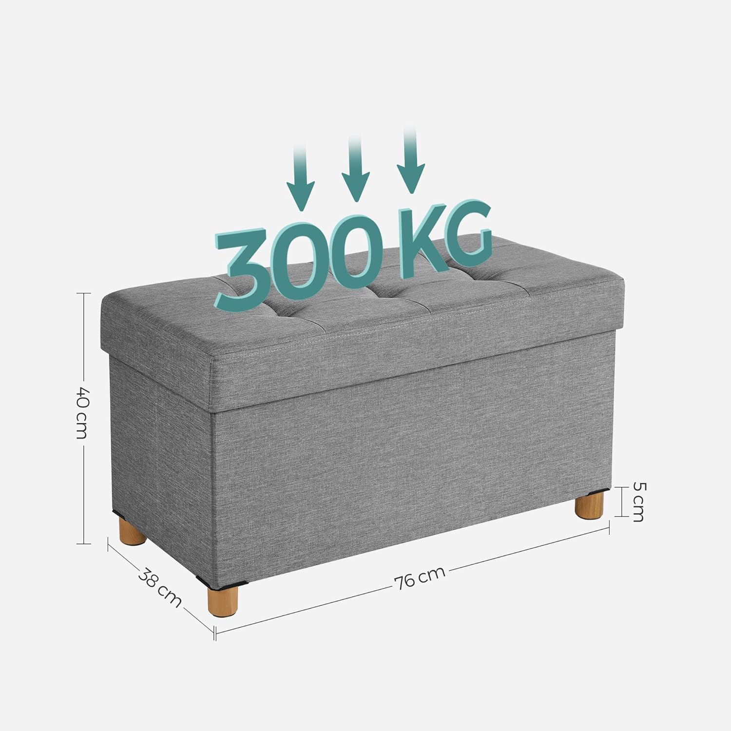 SONGMICS Taburet pliabil cu sezut moale, spatiu de depozitare, maxim 300 kg, 76x38x40 cm, gri deschis