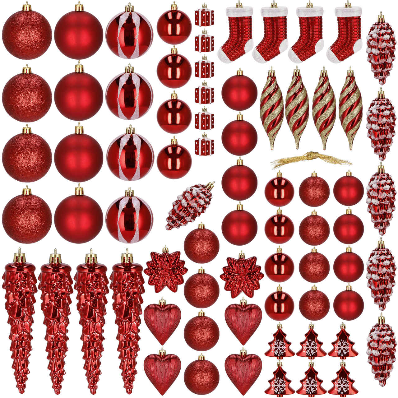 Set globuri si decoratiuni de Craciun, 72 piese, diverse dimensiuni, rosu