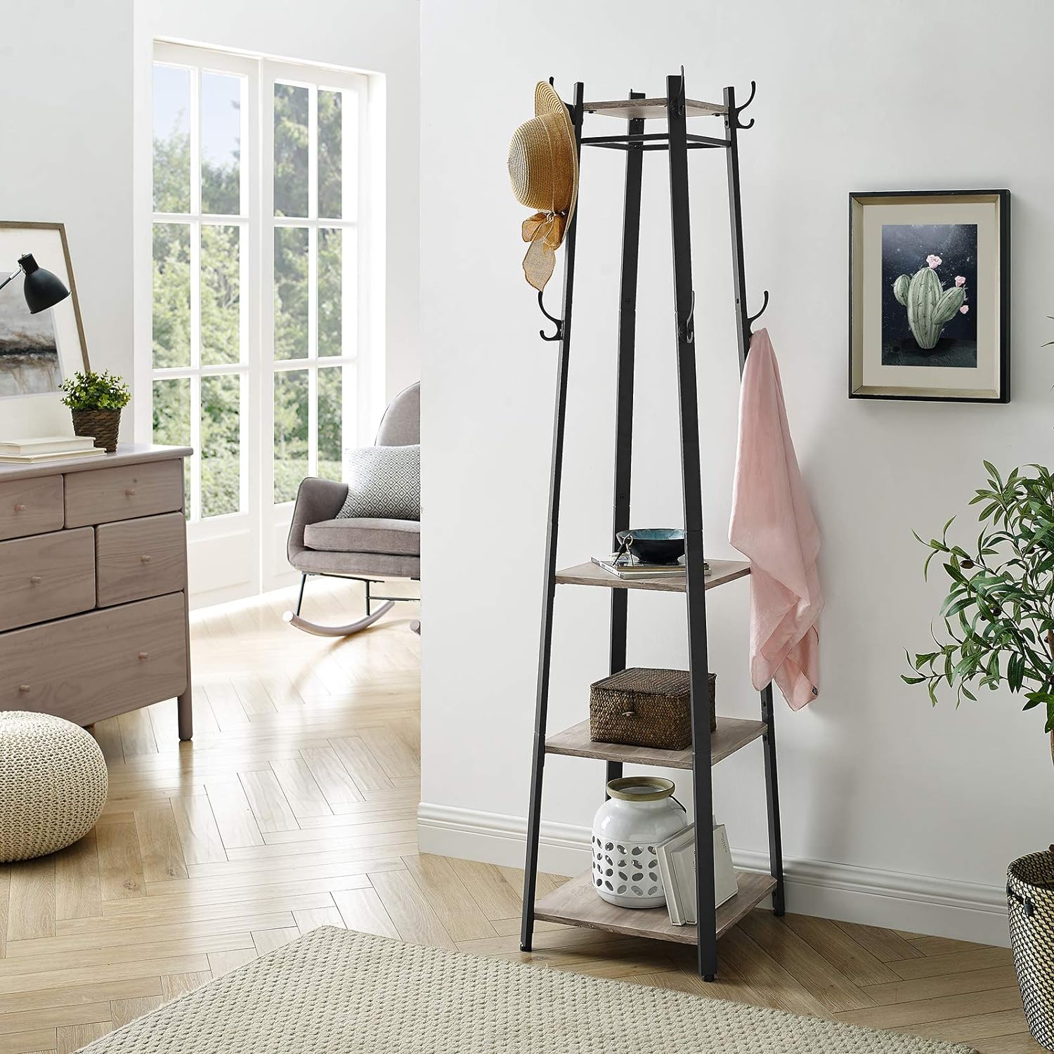 VASAGLE Cuier de haine cu 3 rafturi, suport cu carlige, din otel, 43x43x180 cm, stil industrial, gri si negru - 4