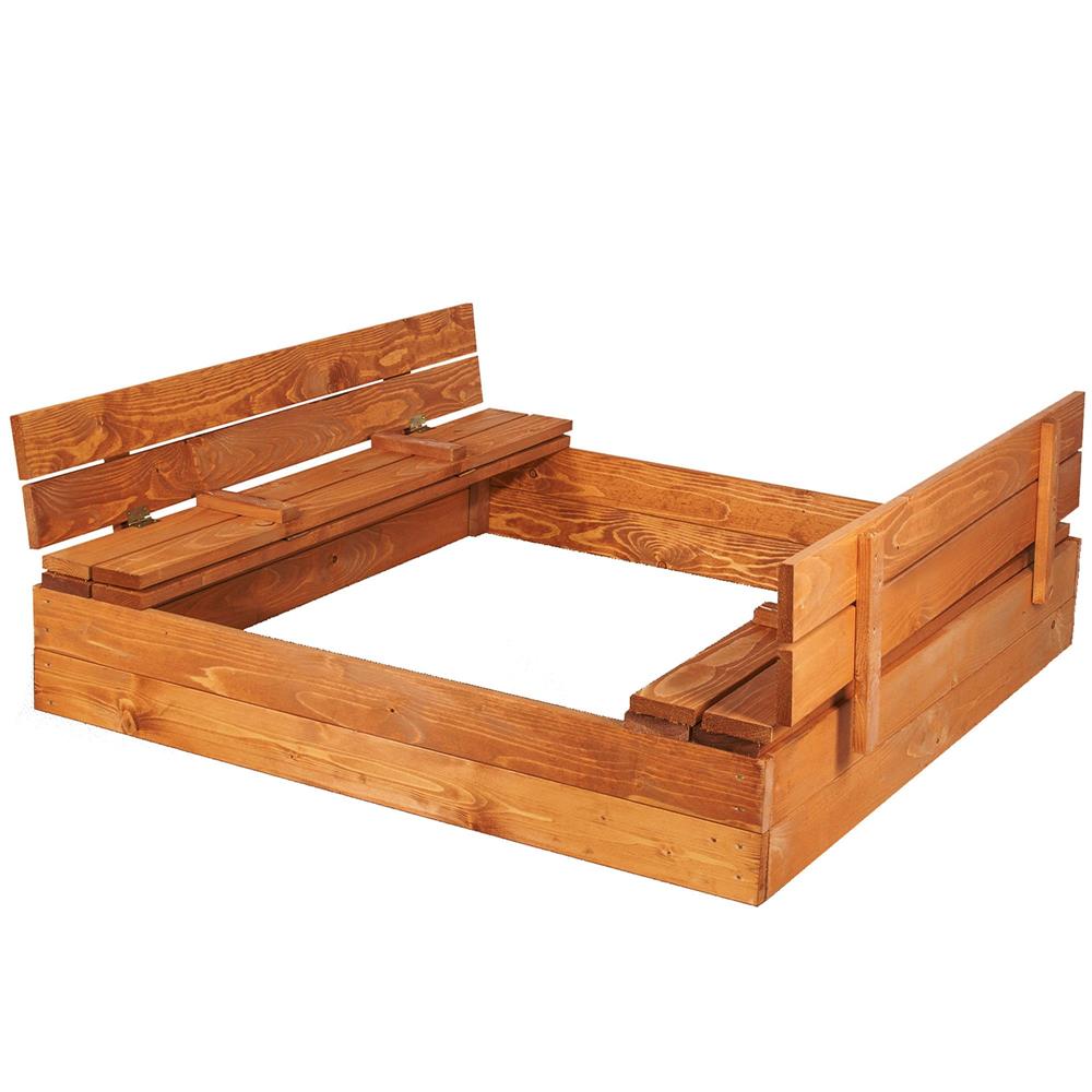 Lada din lemn pentru nisip, cu 2 bancute transformabile in capac, 120x120cm