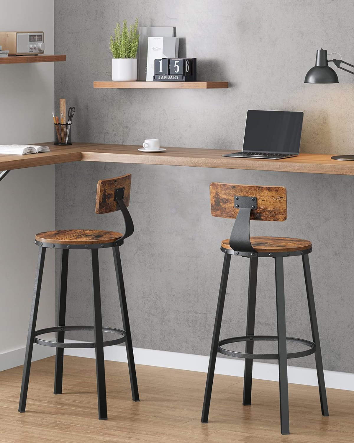 VASAGLE Set de 2 scaune de bar inalte cu spatar, cadru din otel, industrial, 54x99cm, maro rustic