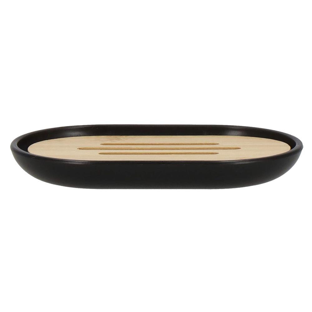 Set de accesorii rotunde pentru baie din plastic cu elemente bambus, 6 piese, negru