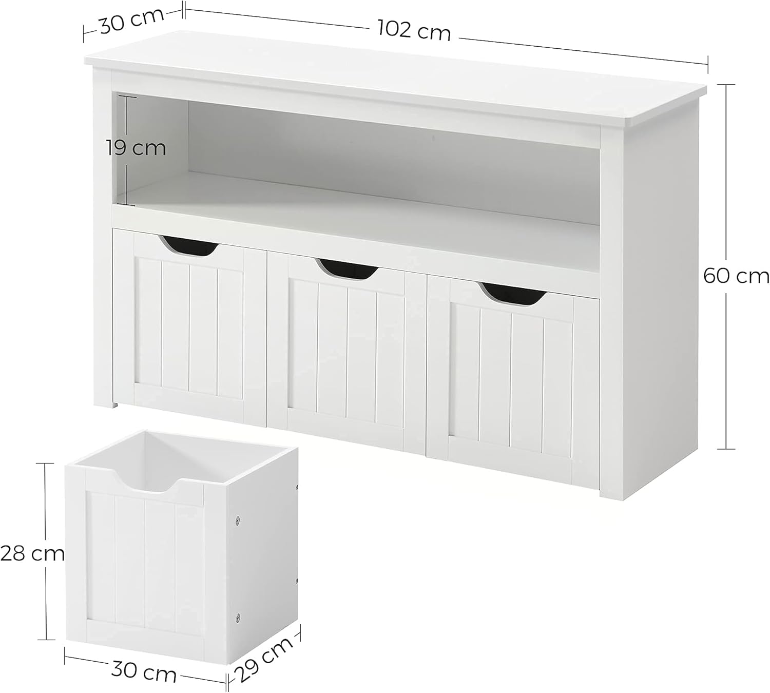 VASAGLE Comoda cu spatiu depozitare jucarii, 3 dulapuri mobile, 102x30x60 cm, alb - 4