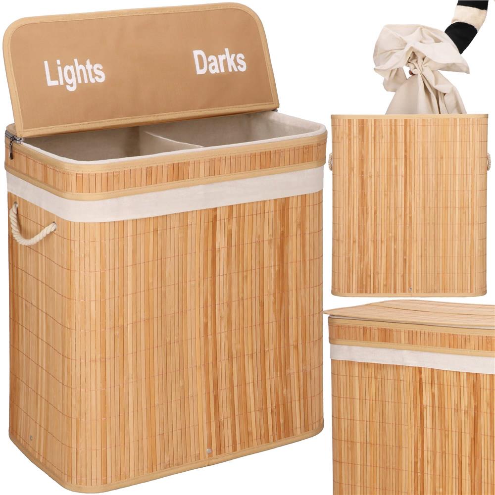 Cos de rufe din bambus cu capac, 2 compartimente, sac detasabil, volum 100L, 53x32x62cm, maro