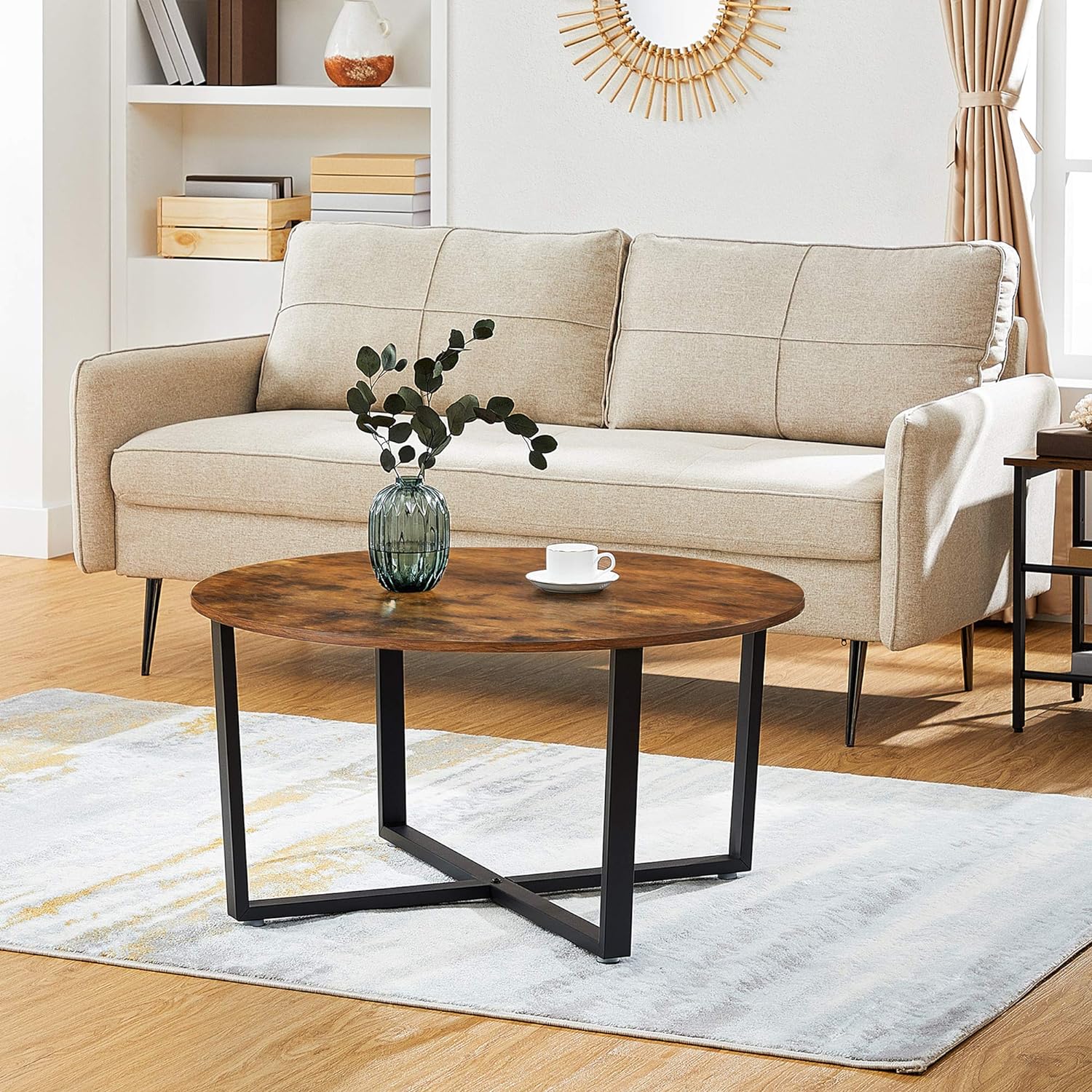 Masa de cafea rotunda, stil industrial, cadru metalic si blat lemn, 88x88x47cm, maro rustic si negru