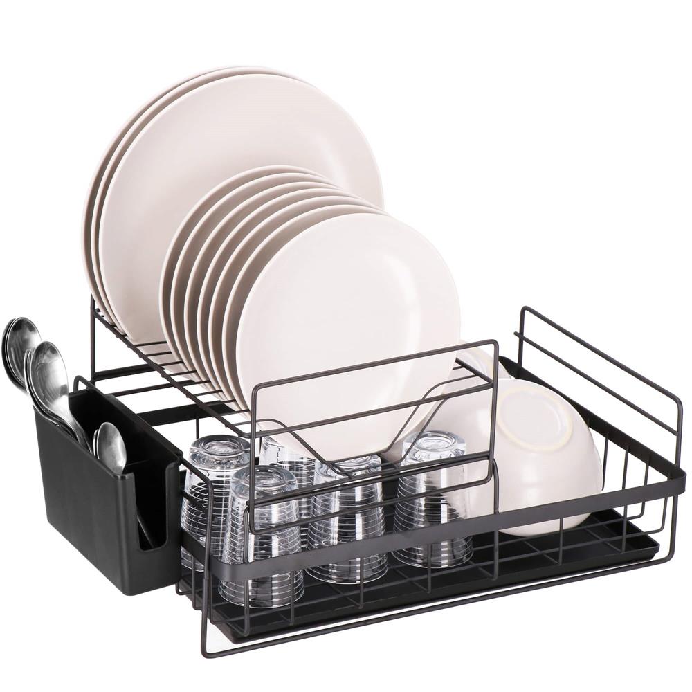 Uscator de vase cu suport tacamuri, din otel, pe 2 nivele, cu tava de scurgere, 50x30x24cm, negru