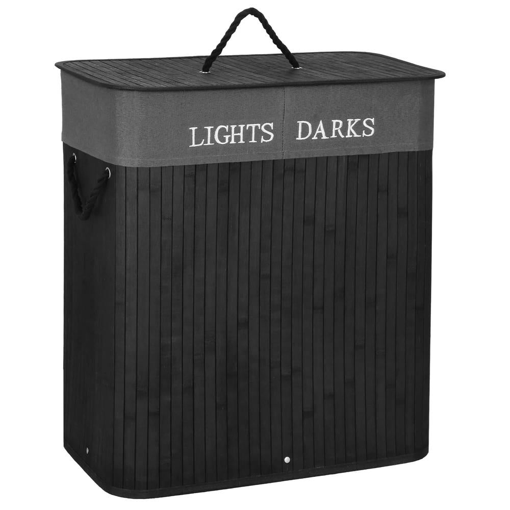 Cos de rufe din bambus cu capac, 2 compartimente, sac detasabil, volum 100L, 54x34x60cm, negru