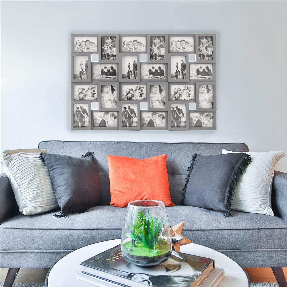 Rama foto de perete, colaj de 24 fotografii, 57x86cm, gri