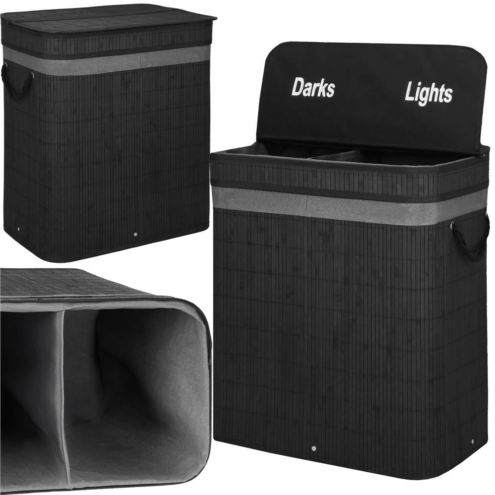 Cos de rufe din bambus cu capac, 2 compartimente, sac detasabil, volum 100L, 54x35x60cm, negru
