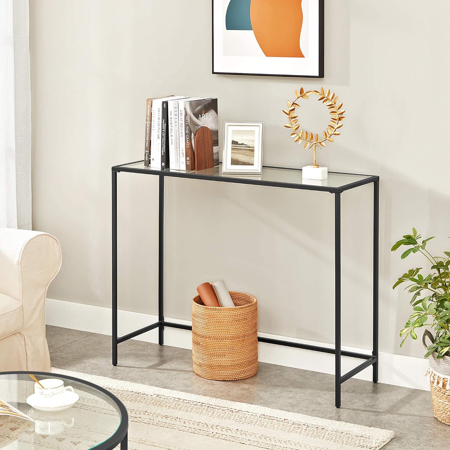 VASAGLE Masa de intrare, blat din sticla securizata, cadru din metal, pentru sufragerie, 100x35x80cm, negru