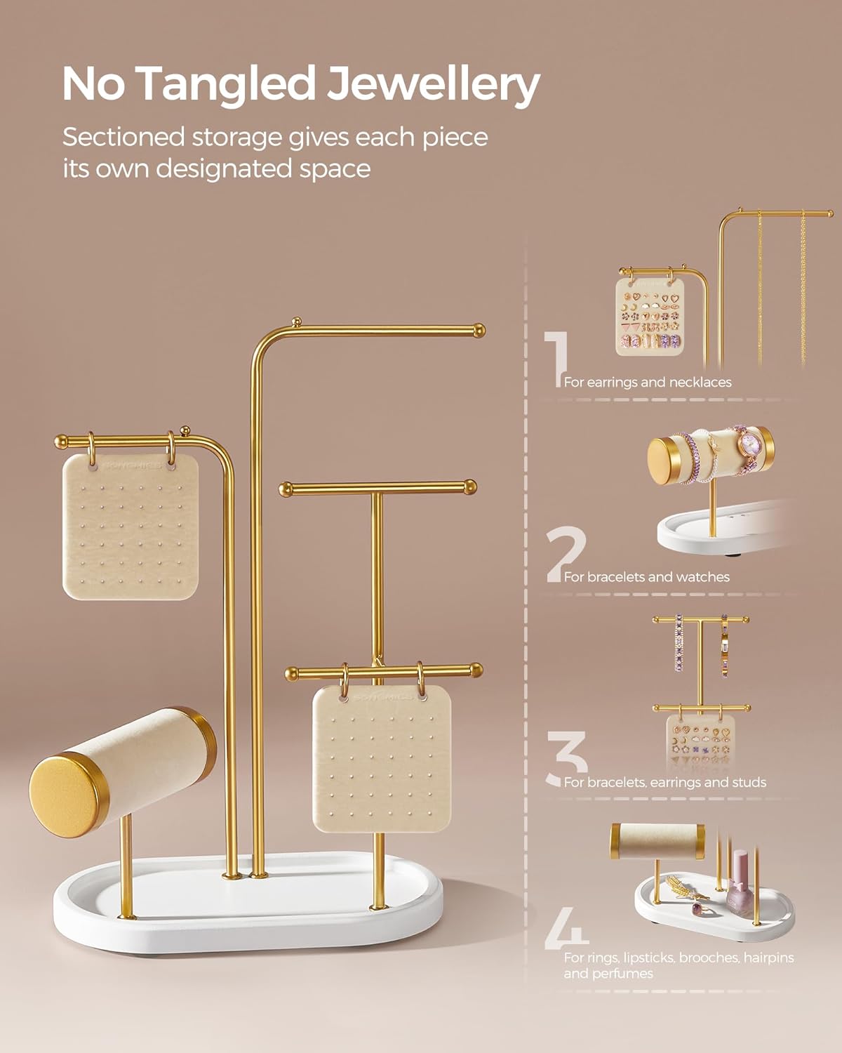 SONGMICS Stand suport pentru depozitare si expunere bijuterii, otel, 11x20x32 cm, auriu - 4