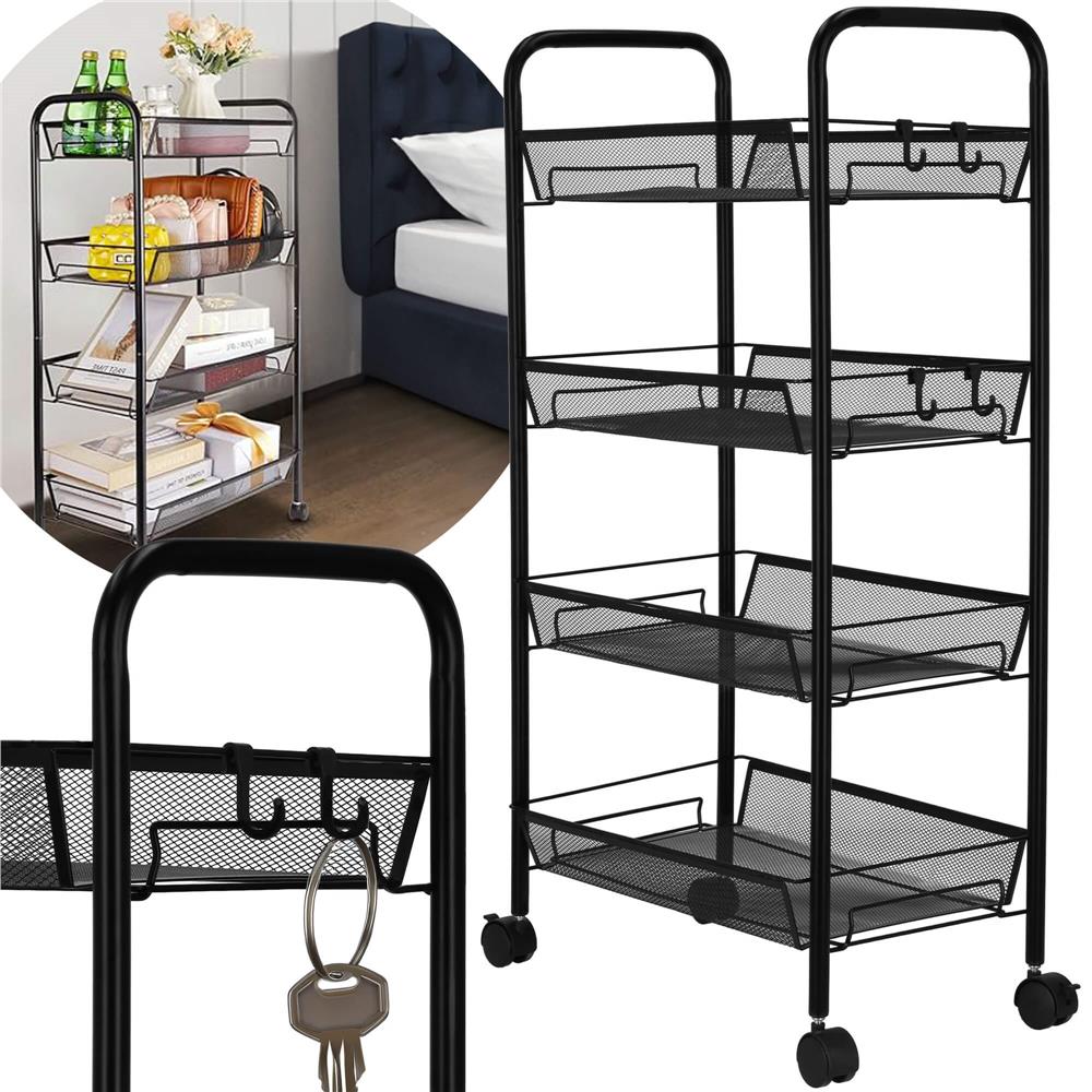 Raft metalic mobil tip carucior pentru bucatarie, 4 polite si 4 agatatori, negru, 44x26x85cm
