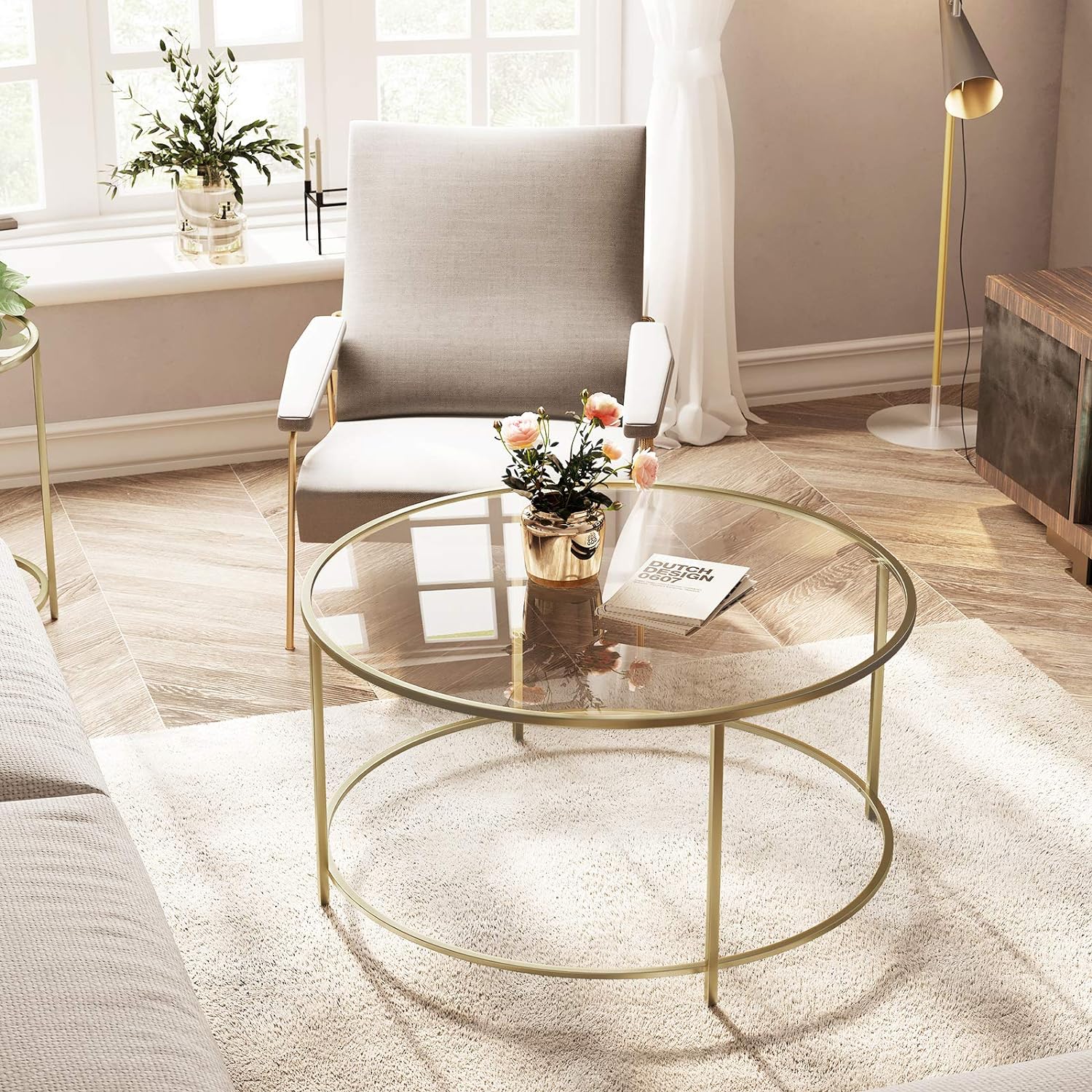VASAGLE Masa de cafea rotunda, din sticla securizata cu cadru metalic, 84x84x45cm, auriu
