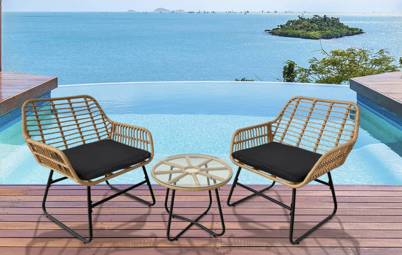 Set mobilier gradina din ratan, 2 scaune cu perne, 1 masa rotunda, maro