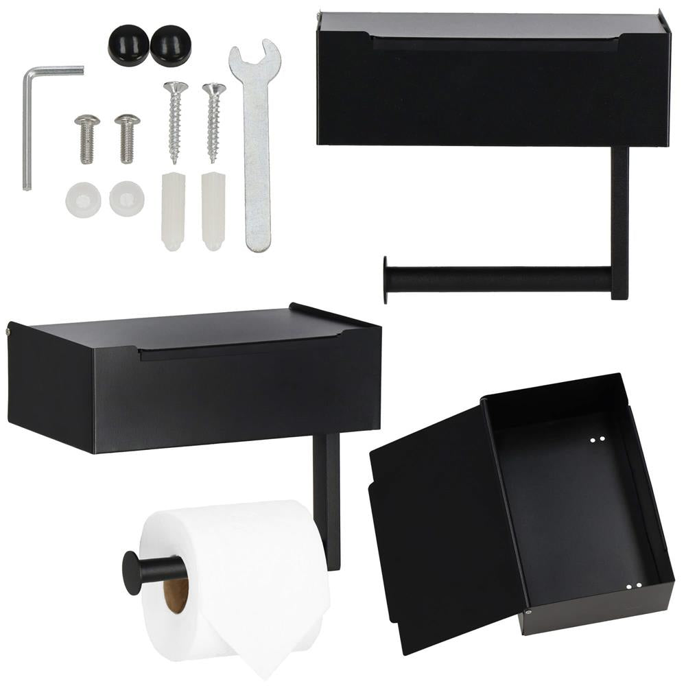 Suport hartie igienica din otel cu sertar depozitare, sistem montare inclus, 22cm, negru bej
