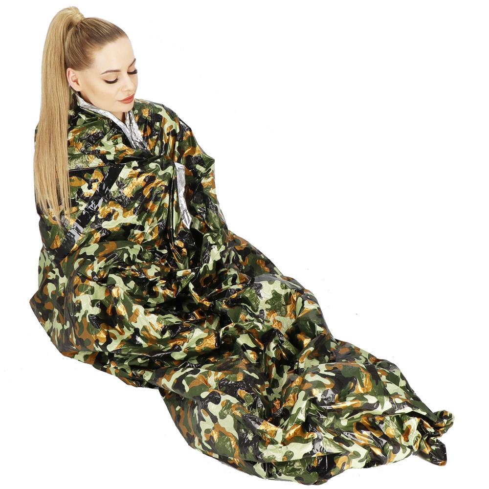 Sac de supravietuire anti hipotermie, umezeala, ploaie si vant, 120x200cm, verde camuflaj