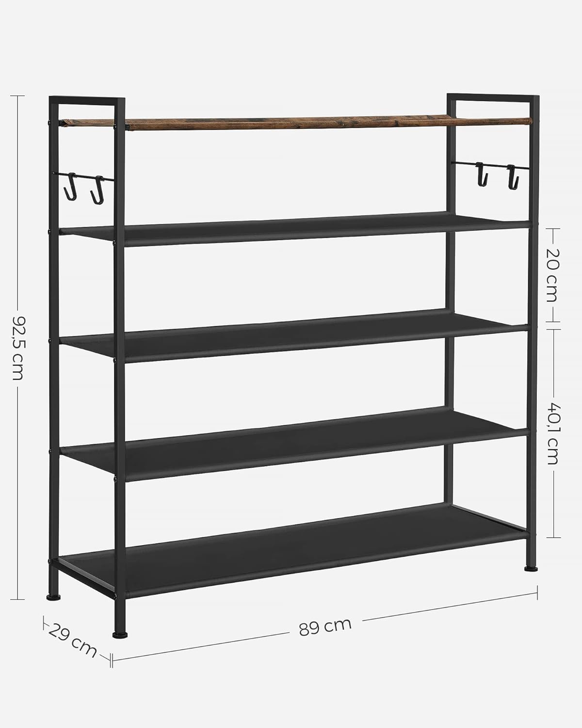 SONGMICS Raft de depozitare pantofi, metalic, 5 nivele din tesatura oxford, pentru 20-25 perechi, 29x89x93cm, maro rustic si negru