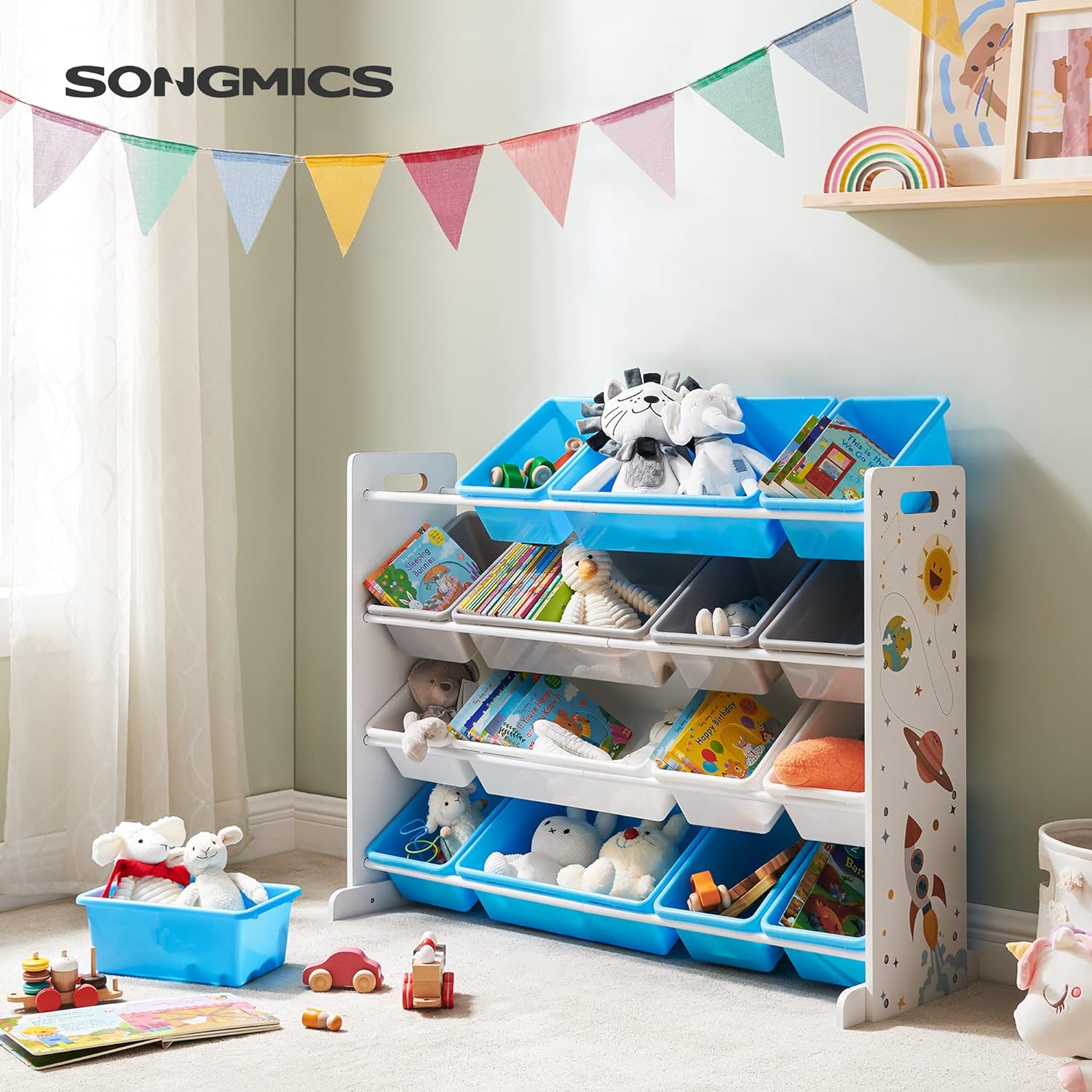 SONGMICS Raft de depozitare jucarii, 16 cutii detasabile din plastic, 89x27x106cm, alb