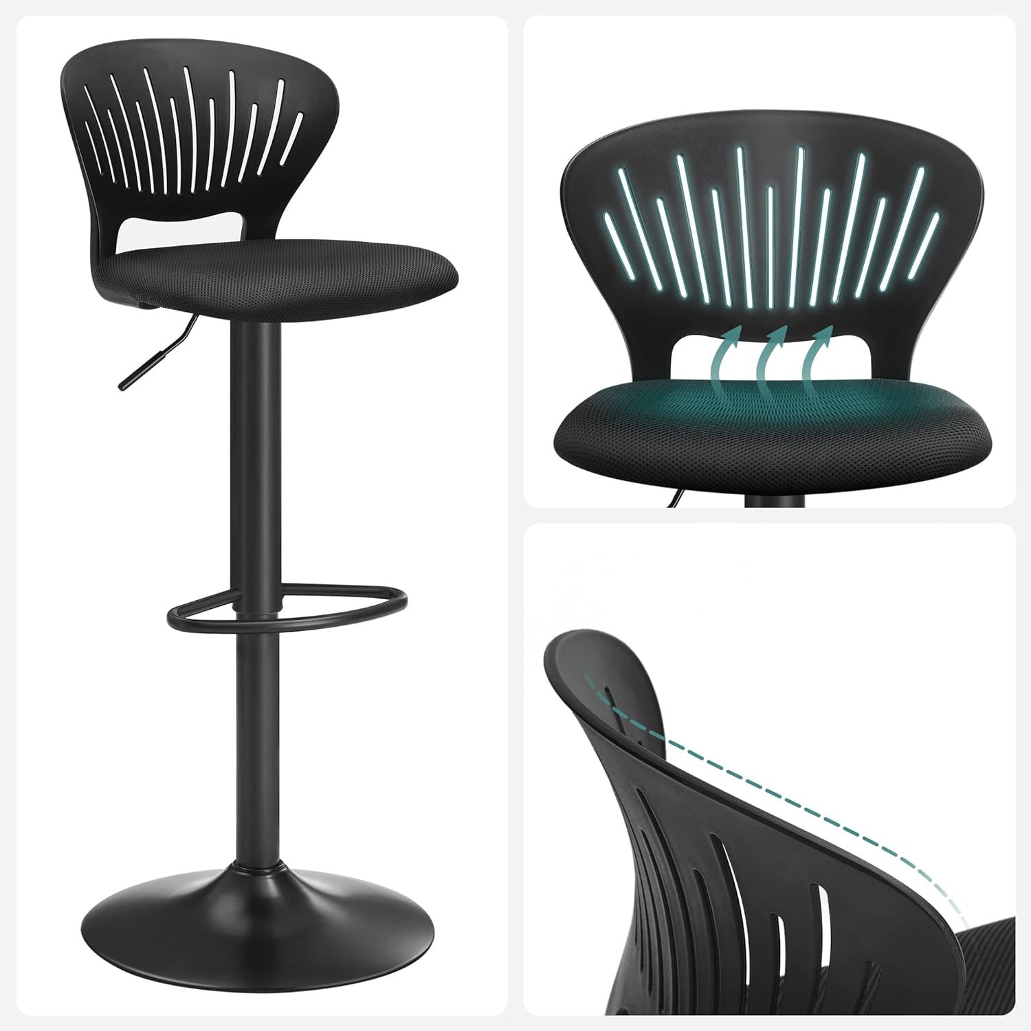 SONGMICS Set 2 scaune de bar captusite, reglabile, cu spatar si suport pentru picioare, rotatie la 360, 39x42x107cm, negru