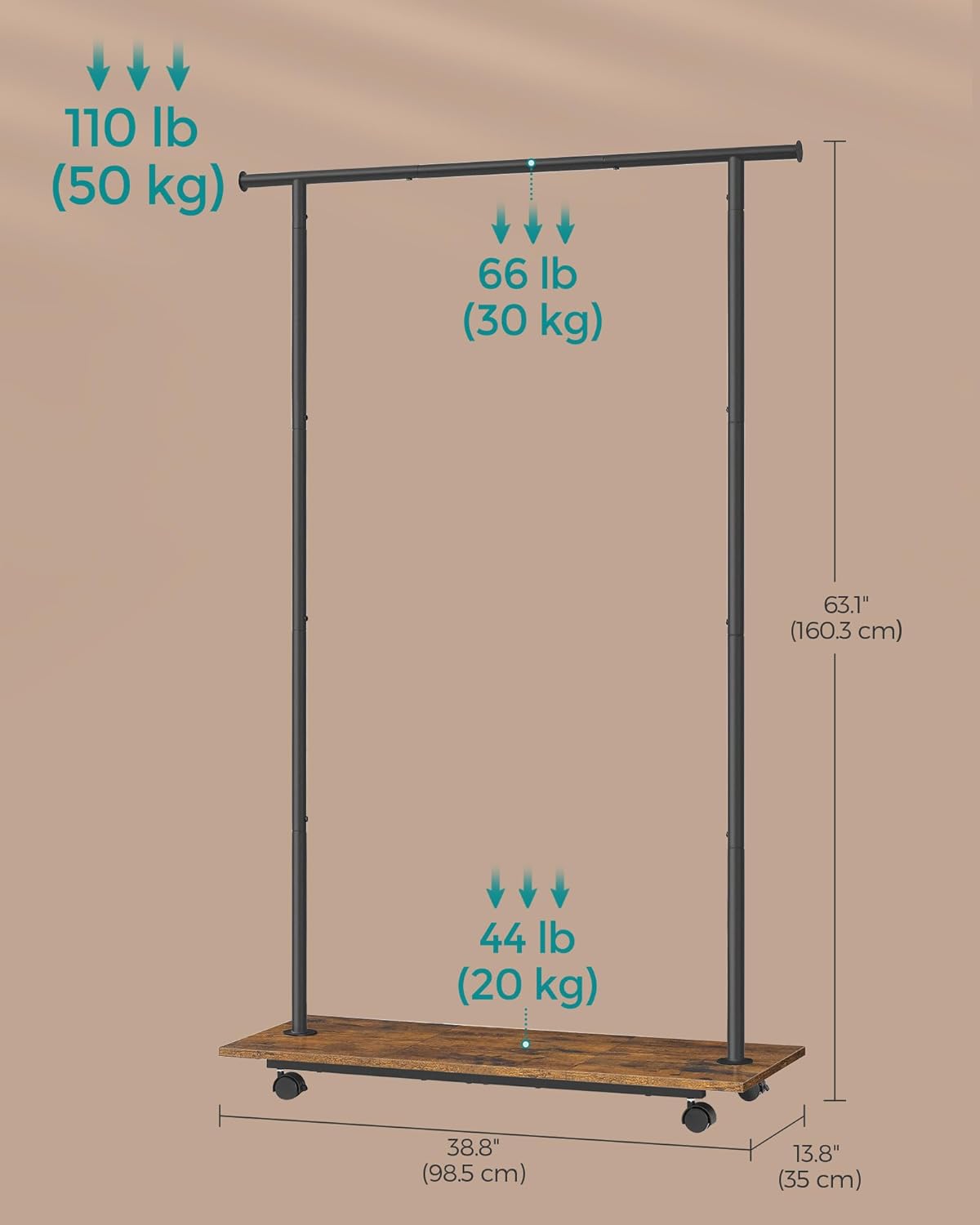 SONGMICS Suport pentru haine cu sina de agatat si polita inferioara, pe roti, 35x99x160 cm, negru