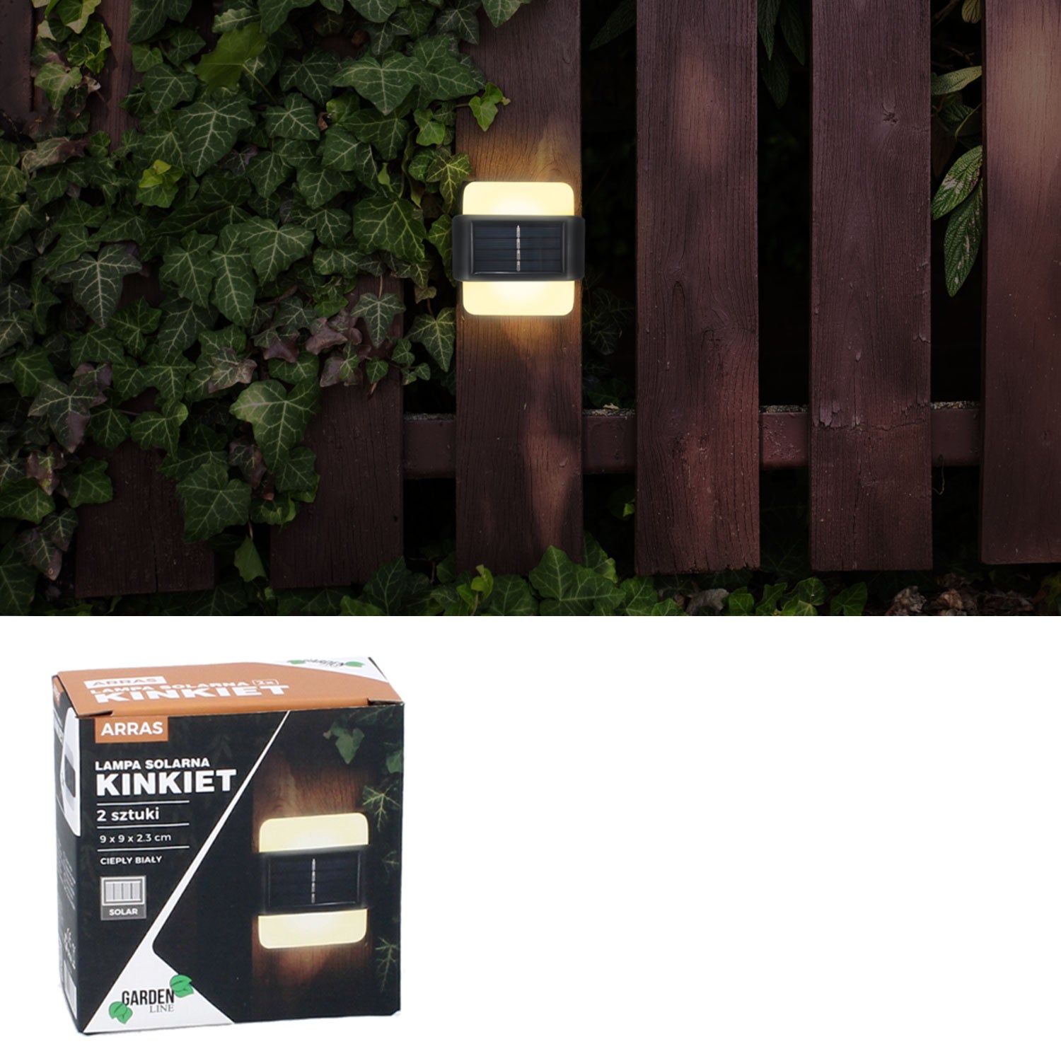 Set 2 lampi solare LED de perete, IP44 pentru exterior, autonomie 12 ore, 9x9x2.3cm, negru