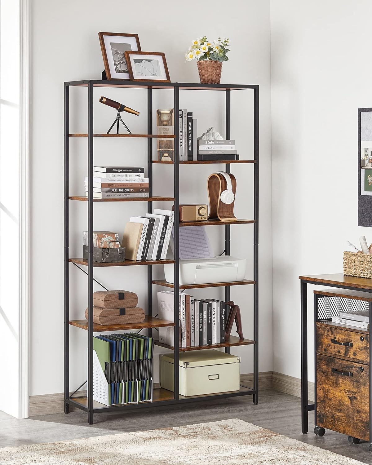 Biblioteca cu suport de depozitare pe 5 etaje, 30x100x170cm, stil industrial, maro rustic si negru
