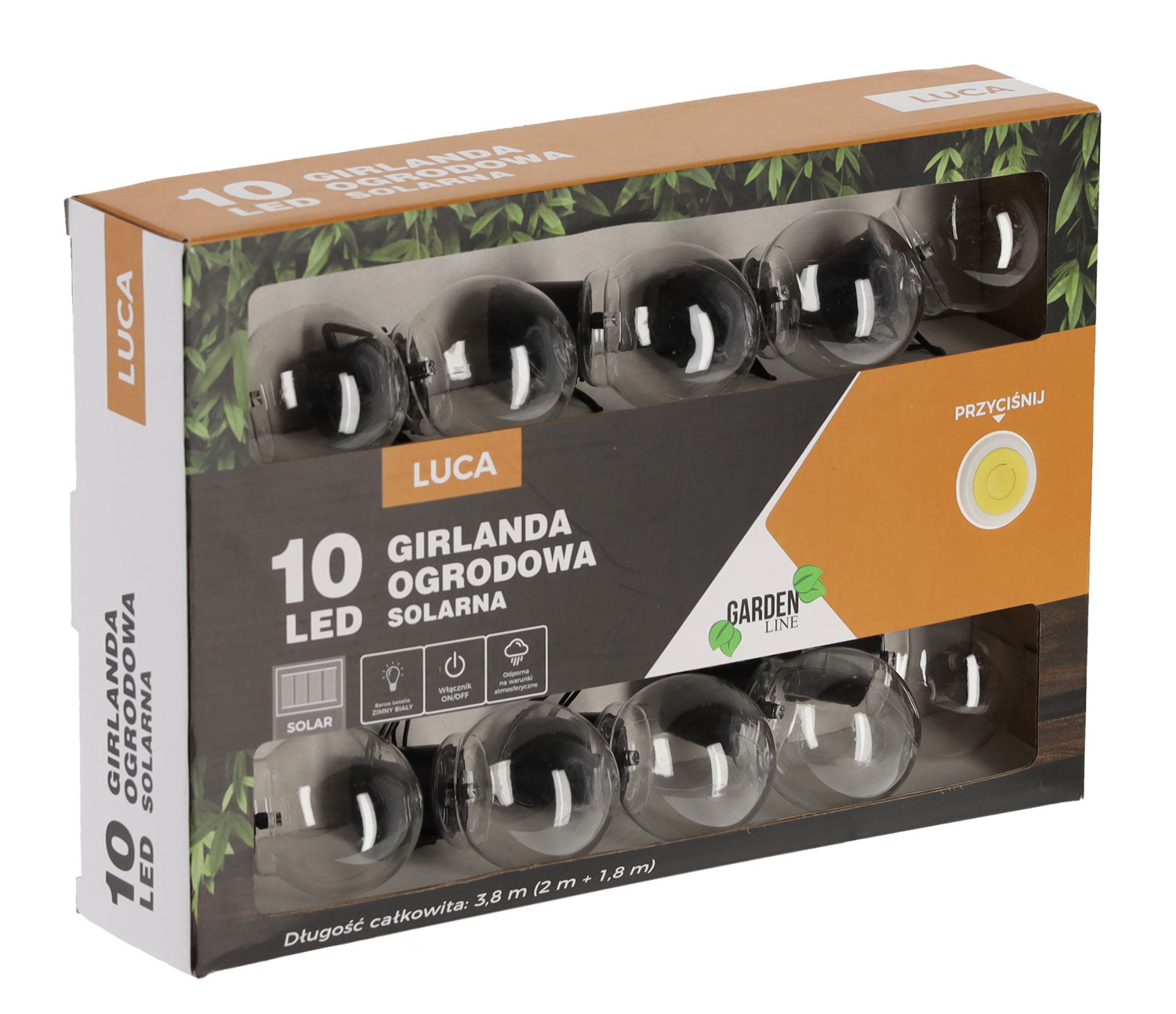 Ghirlanda luminoasa, LED, model Luca, 10 becuri, 380cm, incarcare solara, lumina alb rece