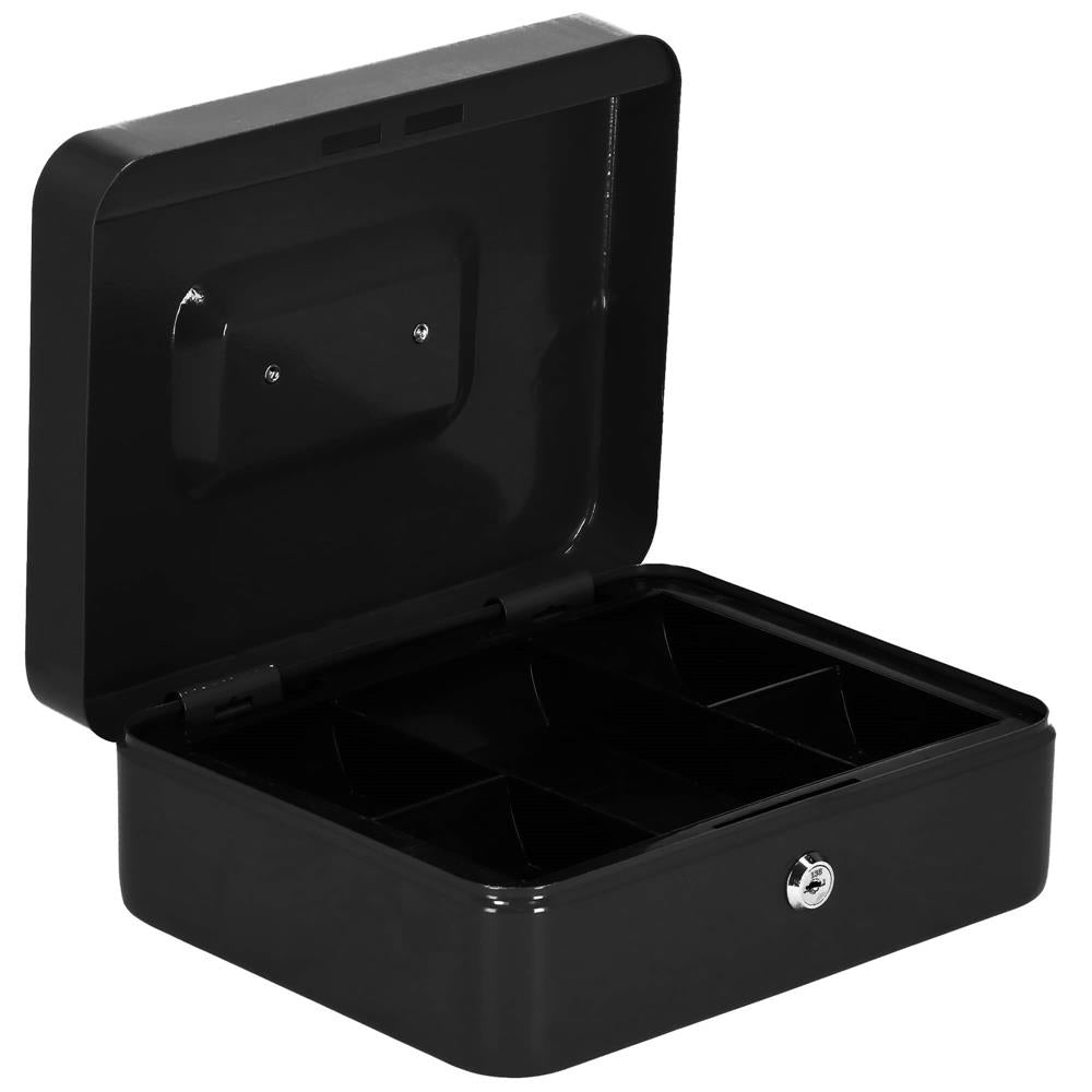 Caseta pentru bani tip cutie de valori, compartimentanta, cu cheie, metal, 30x24x9cm, negru