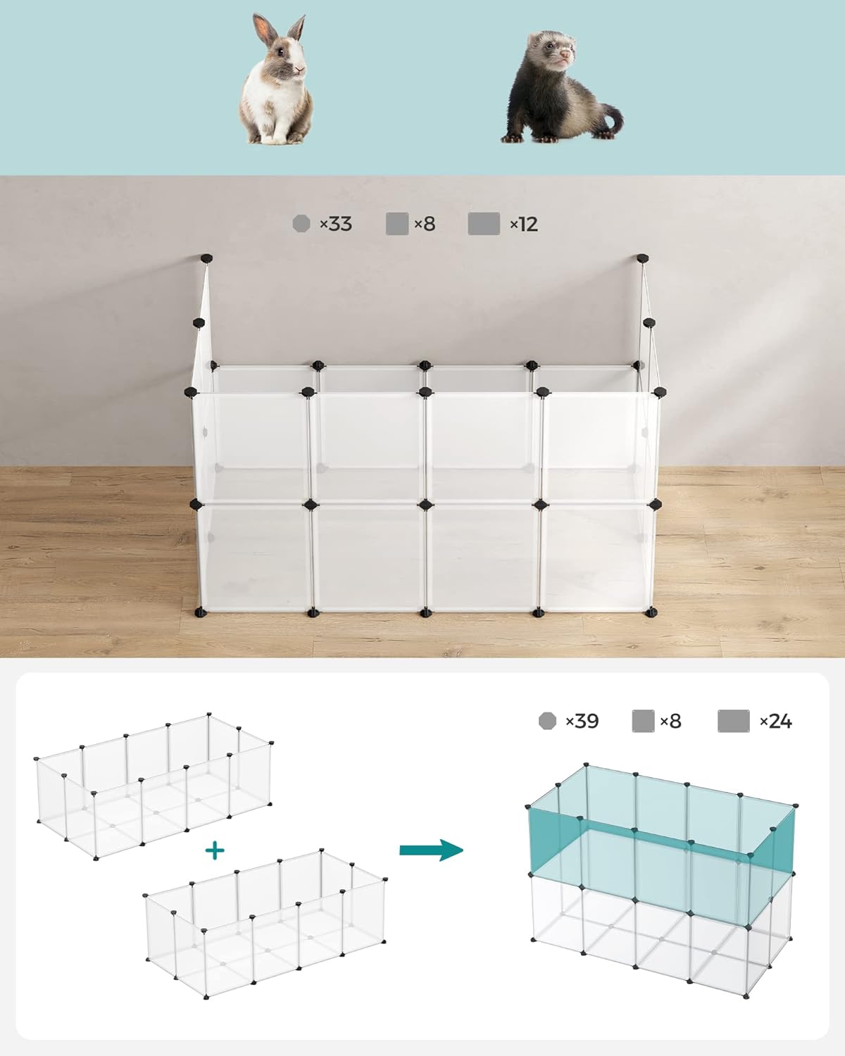 SONGMICS Tarc pentru animale mici rozatoare, din plastic, modulara DIY, 143 x 73 x 46 cm, alb