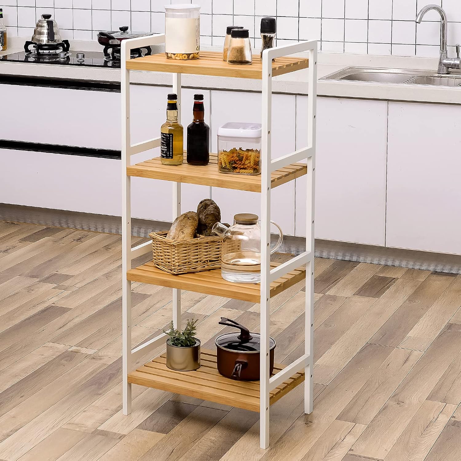 SONGMICS Raft din bambus cu 4 nivele reglabile, pentru bucatarie sau baie, 32x45x111 cm, alb si maro