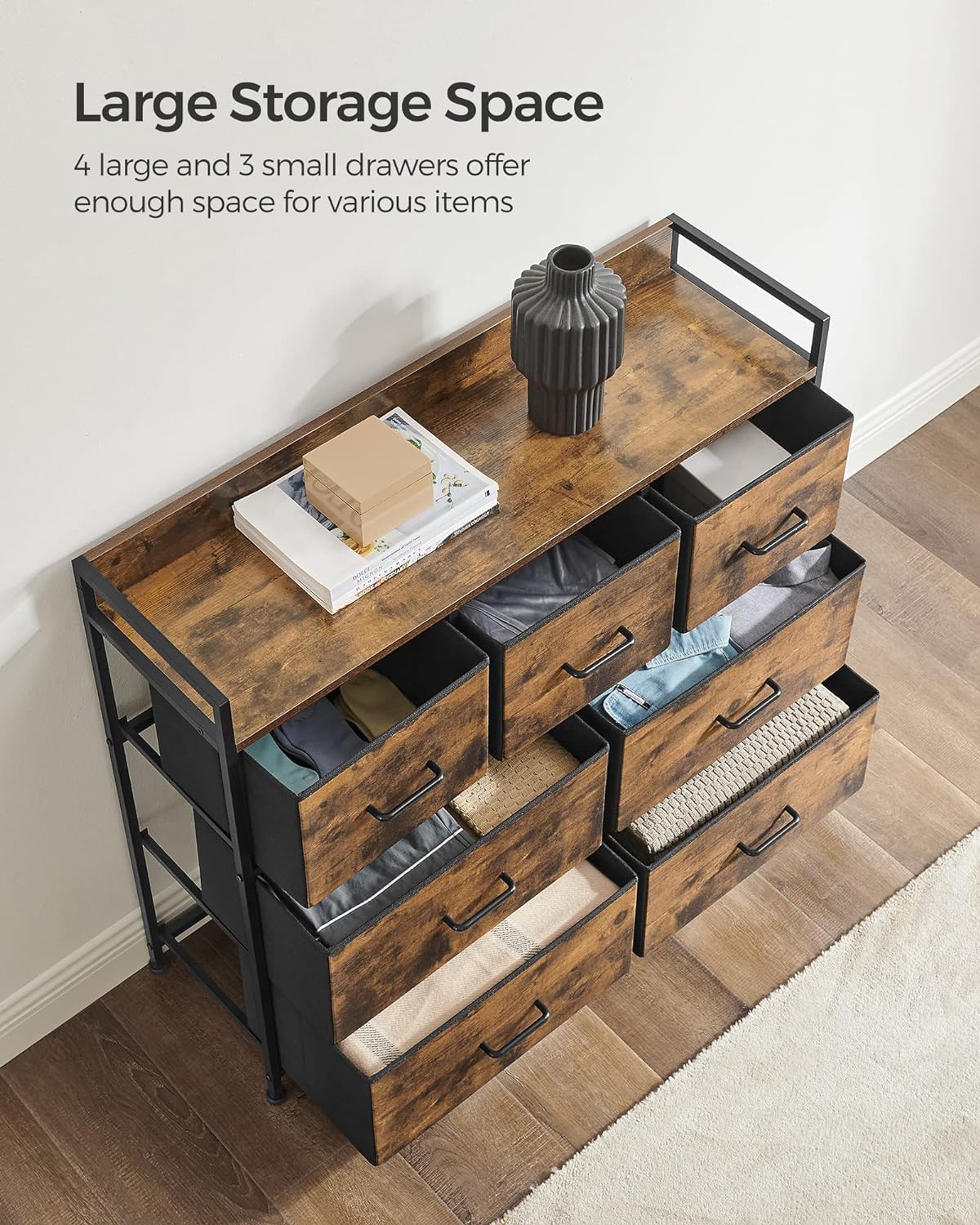 SONGMICS Comoda cu cadru metalic si 7 sertare din textil, stil industrial, 98x29x85cm, maro rustic si negru