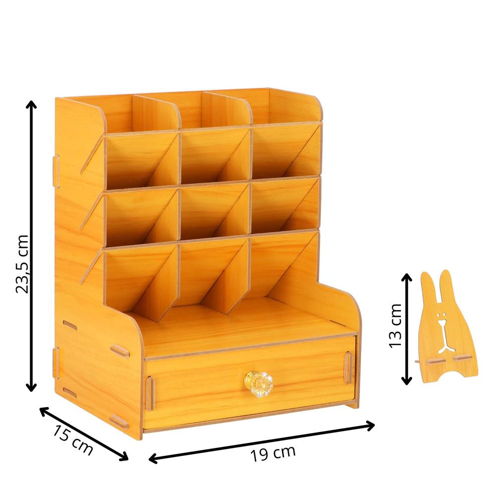 Organizator pentru birou, din lemn, cu 10 compartimente si sertar