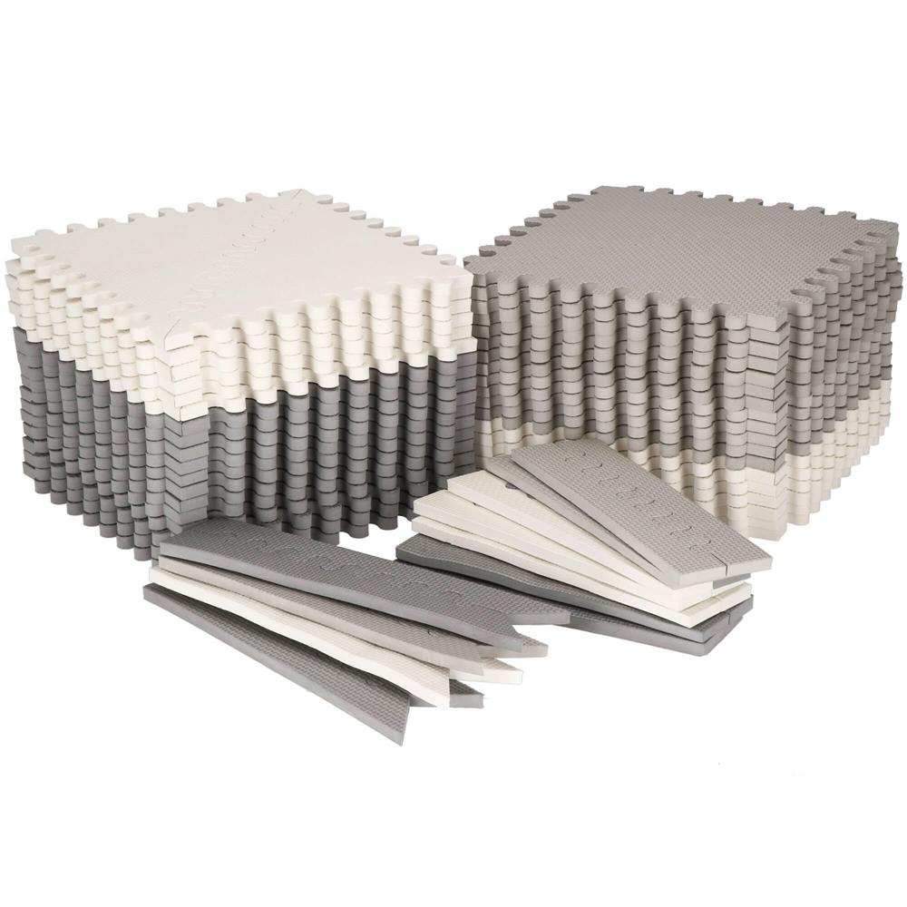 Covor din spuma pentru copii, tip puzzle triunghiuri, 96 piese,186×186 cm, alb gri