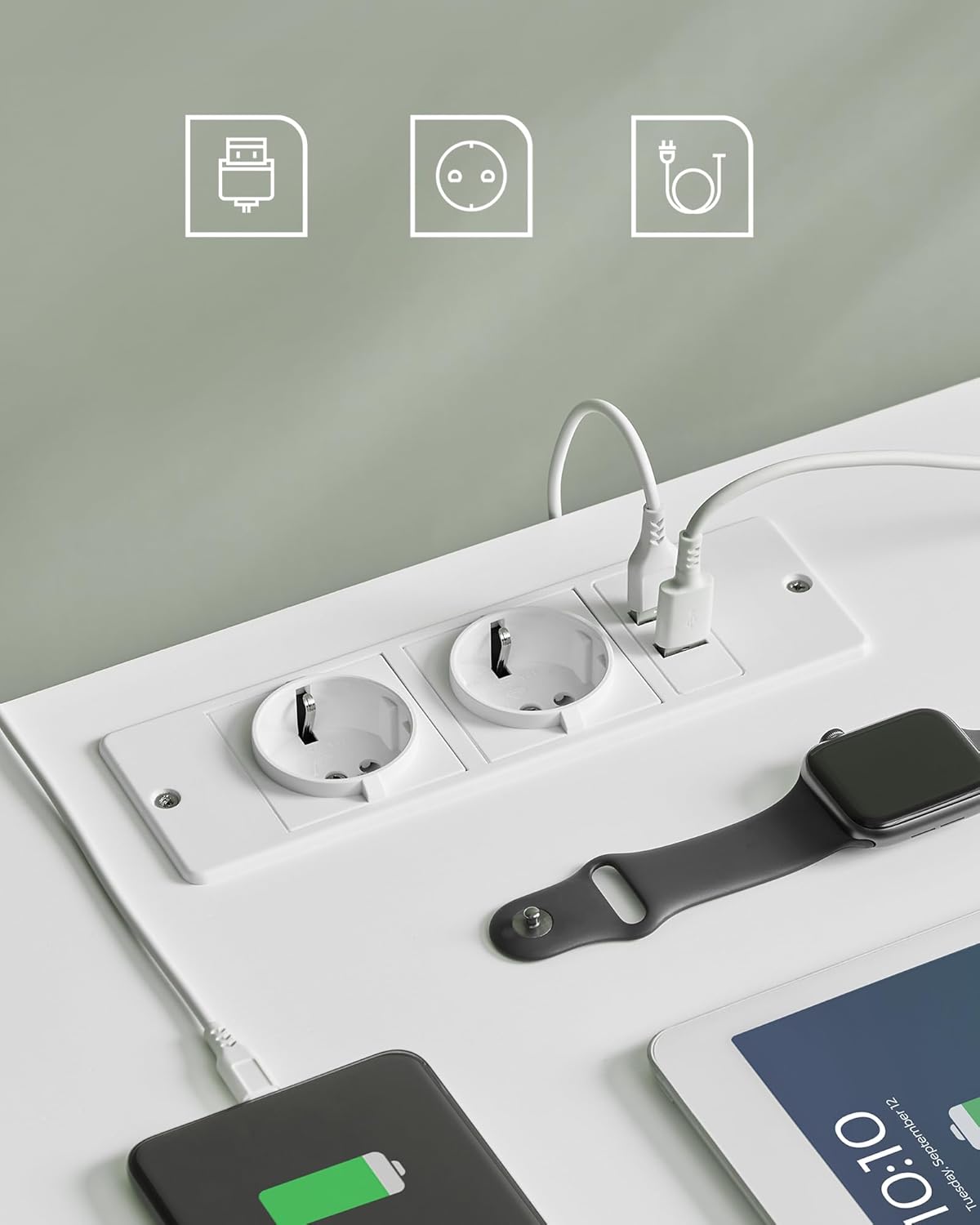 VASAGLE Noptiera din bambus, cu 2 sertare, 2 prize si 2 USB, 35x40x60 cm, alb