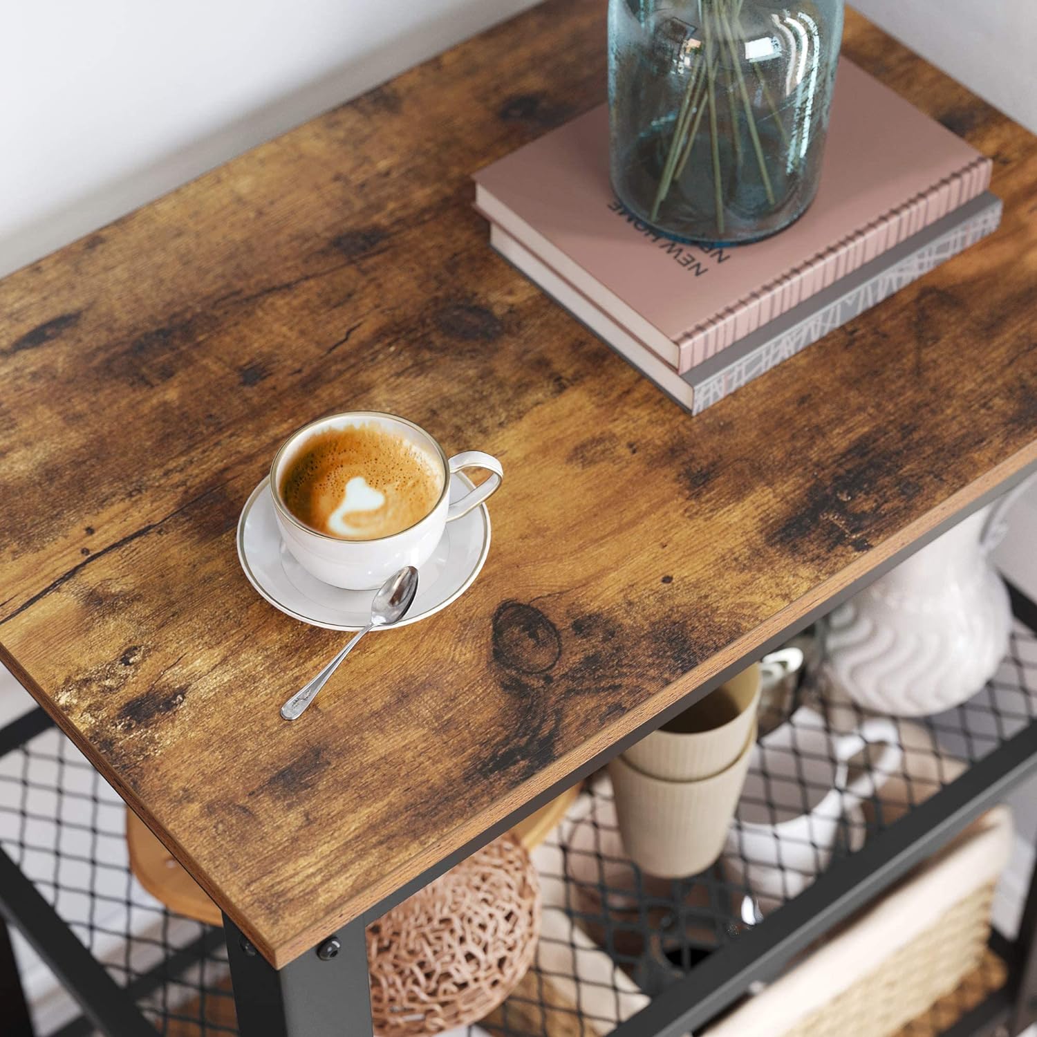 Carucior de servire pe roti, cu polite, pentru bucatarie, 40x60x77cm, industrial, maro rustic