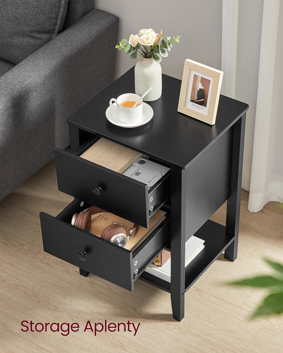 VASAGLE Set de 2 noptiere din bambus, cu 2 sertare, 35x40x60 cm, negru