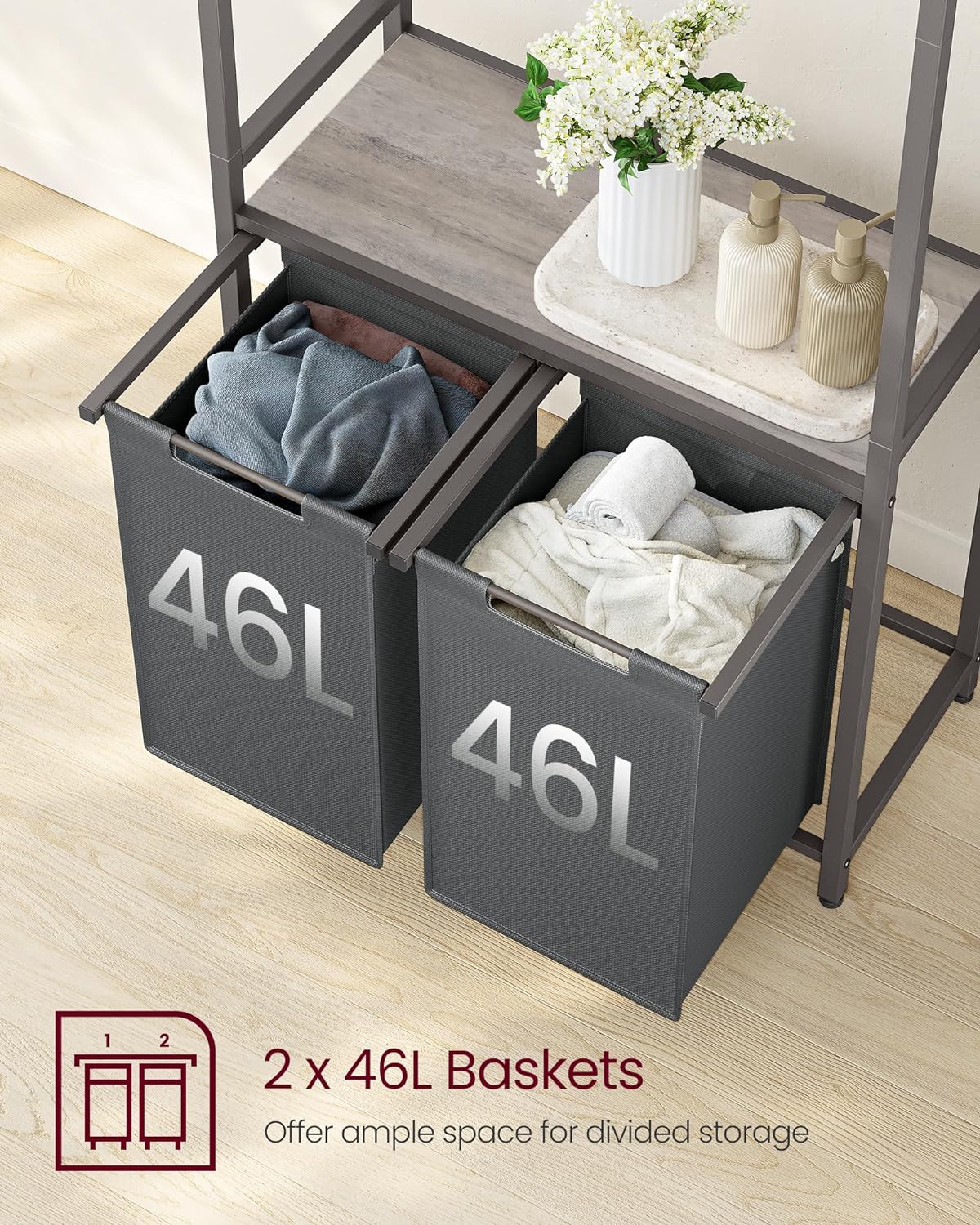 VASAGLE Cos de rufe, 2 compartimente, saci de rufe detasabili, 2 rafturi, tija umerase, 2x46L, 73x33x177cm, gri